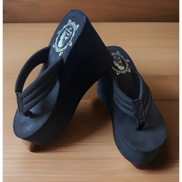 Y2K Platform Flip Flop Sandals Woman’s 6/6.5 Black Thong Chunky Heel Goth Grunge - Picture 2 of 10